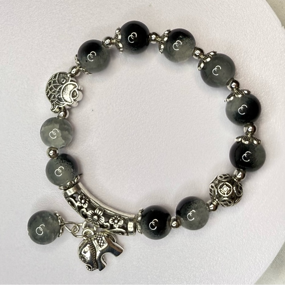 Silver Gray and Black Beaded Bracelet with Elephant 🐘 Charm